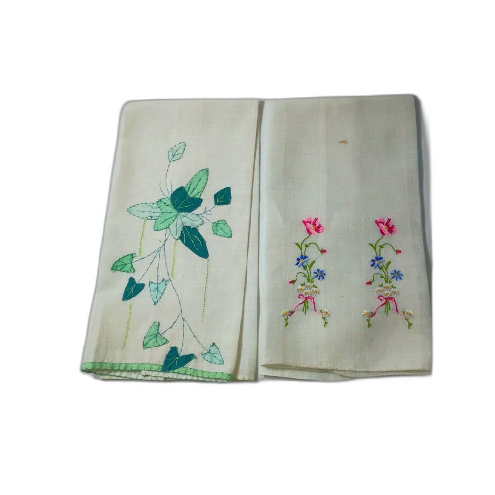 Vintage Hand Embroidered Floral Tea Towels - Set of 2